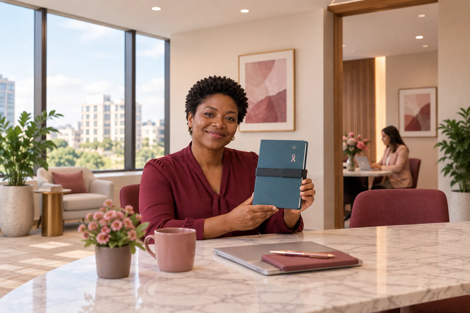 Mulher apresenta o caderno azul Hilst fechado, com fita magnética e personalização de Outubro Rosa.