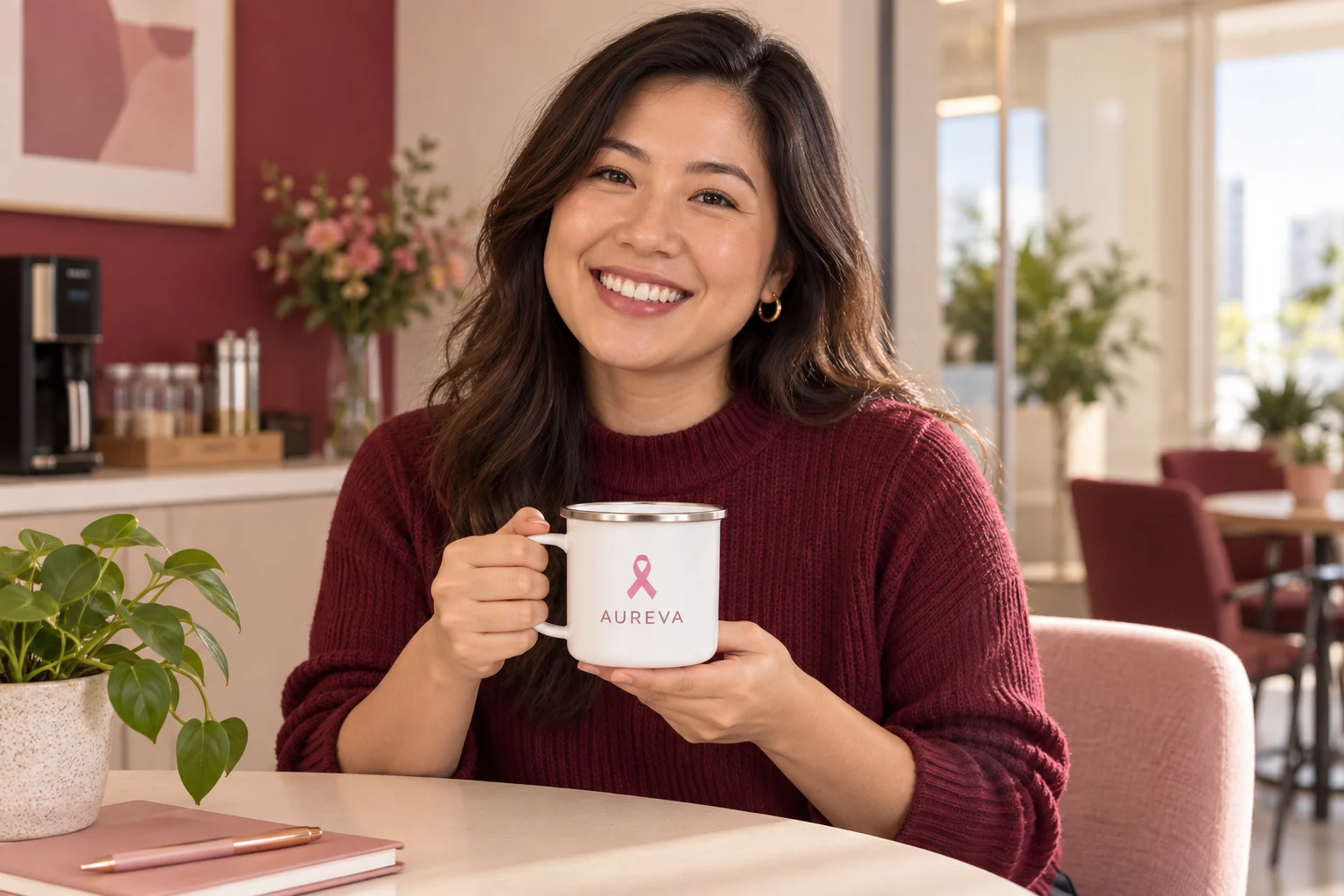 Mulher segura a caneca branca Gotze Sub com borda metálica, laço rosa e logo Aureva.