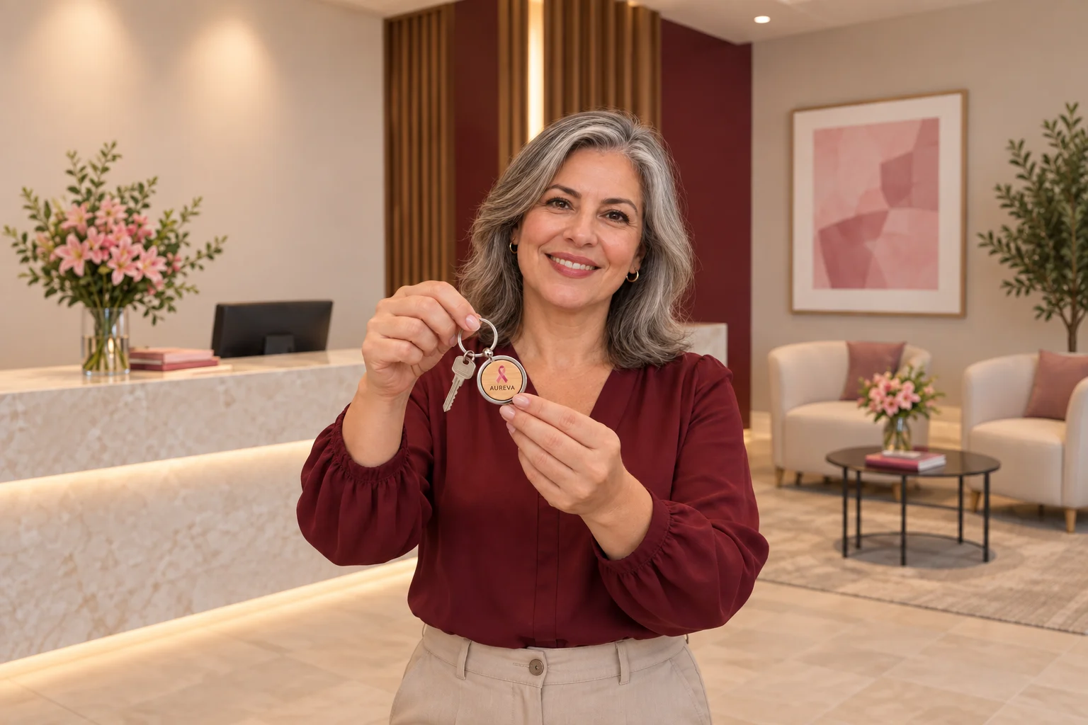 Mulher segura chaves com chaveiro redondo de bambu e metal personalizado com laço rosa.