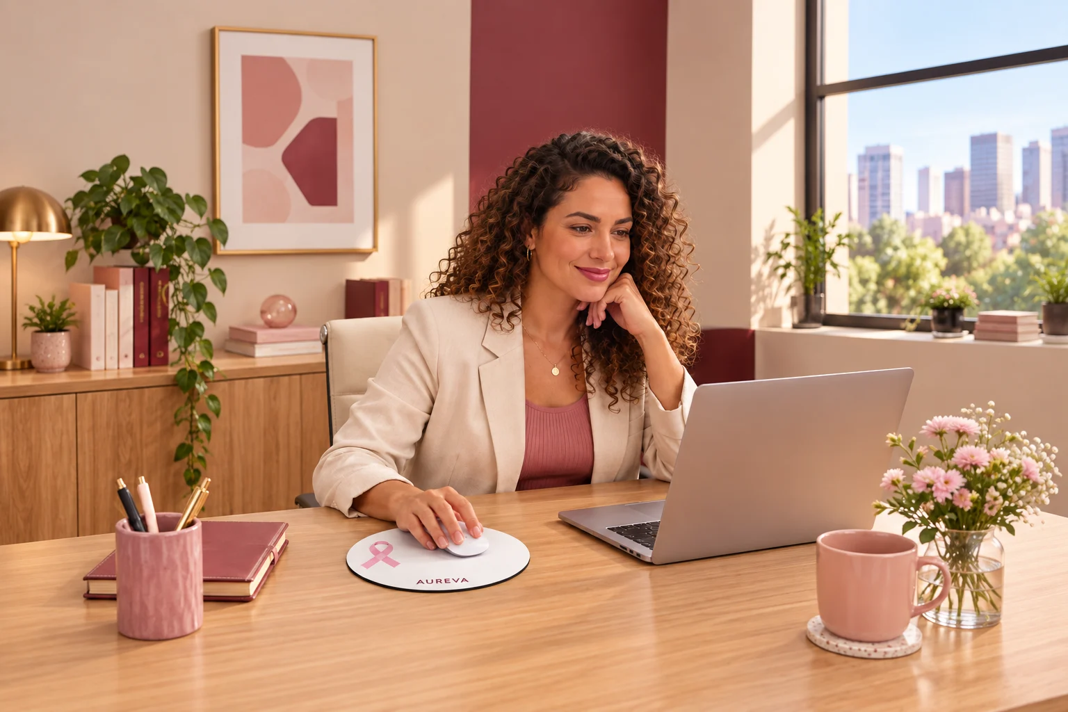 Mulher trabalha no computador usando mouse pad redondo branco com laço rosa e marca Aureva.