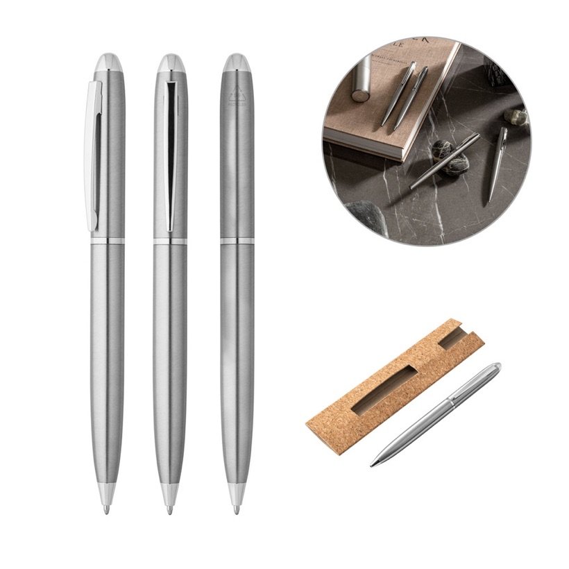 Caneta Esferográfica em Aço Inox Reciclado Alexa BK — Conjunto