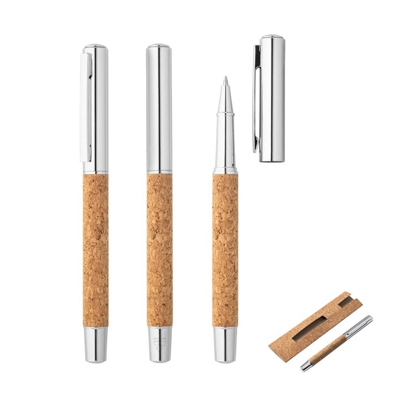 Caneta Roller em Aço Inox Reciclado e Cortiça Andrew — Conjunto