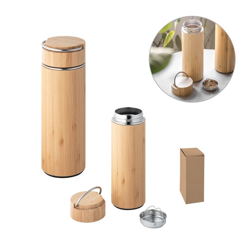 Garrafa Térmica Sow em Bambu com Infusor 440ml — Conjunto