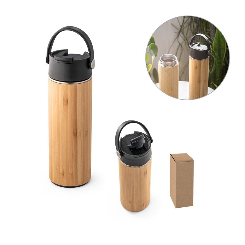 Garrafa Térmica Laver em Bambu com Flip Top 440ml — Conjunto