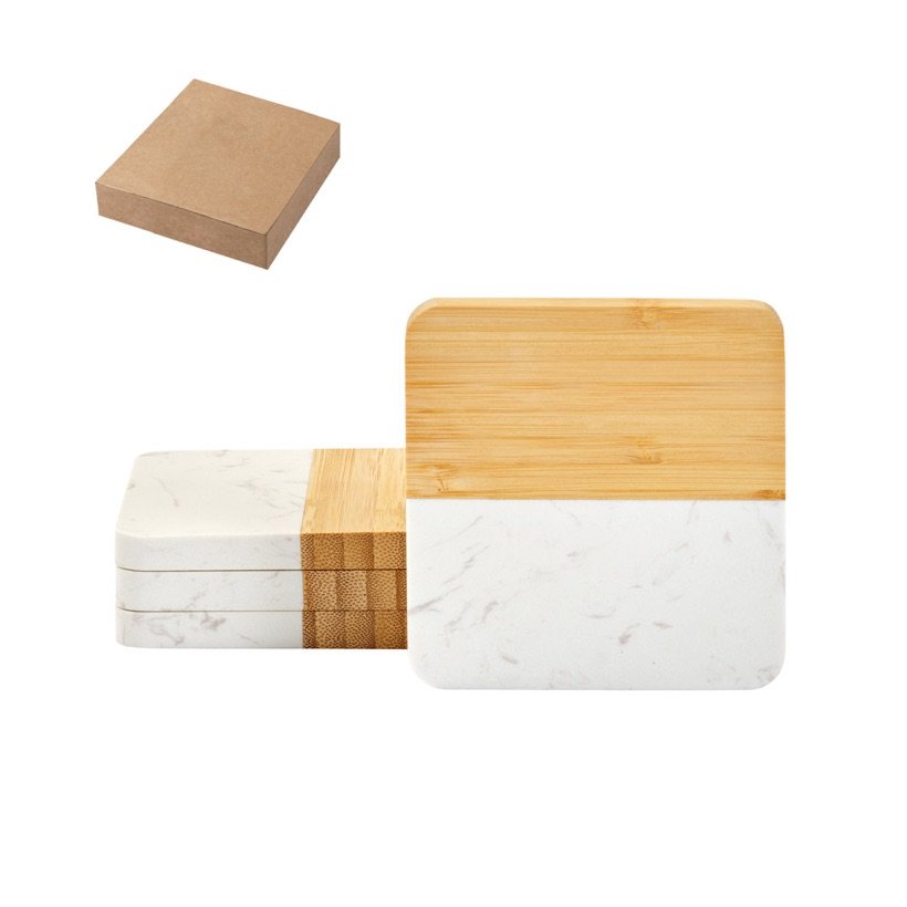 Conjunto de Porta-Copos Marboo em Mármore e Bambu — Conjunto