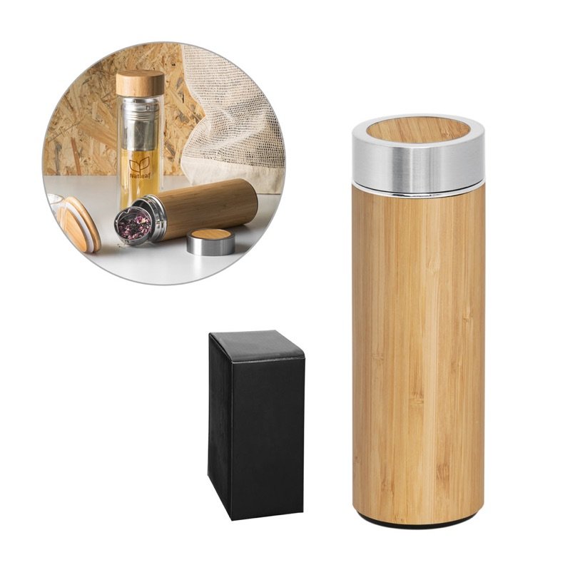 Garrafa Térmica Naturel em Bambu com Infusor 430ml — Conjunto