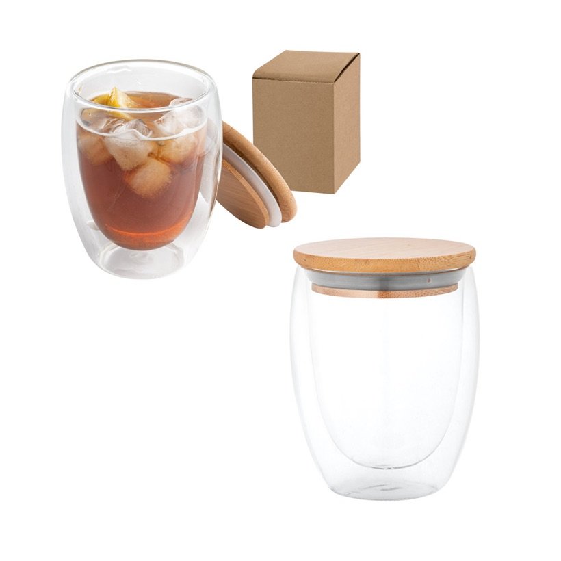 Copo Térmico de Vidro Ecuador L com Tampa de Bambu 350ml — Conjunto