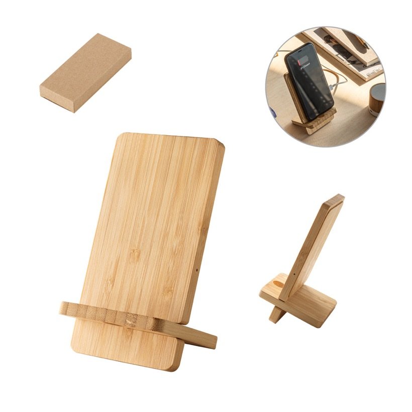 Suporte para Celular Lange com Carregador Wireless em Bambu — Conjunto