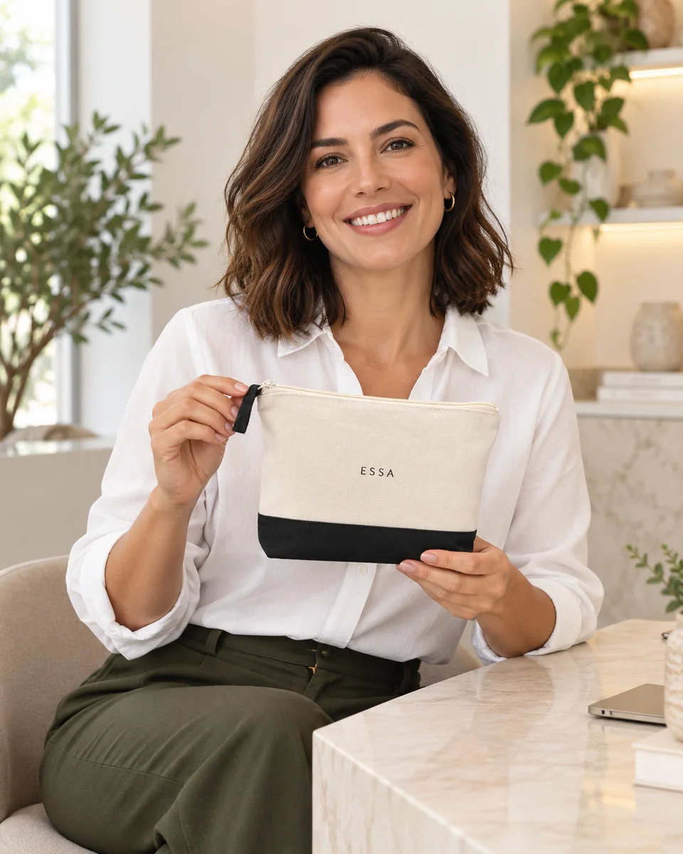 Profissional de beleza com necessaire Daphne de algodão bicolor e logo demonstrativo em um estúdio.