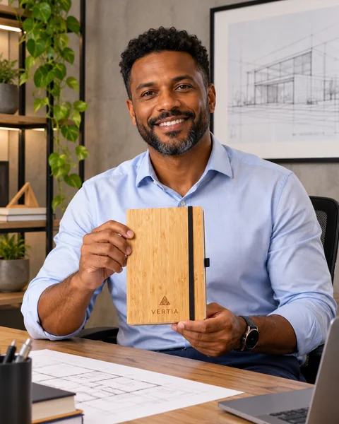 Engenheiro no escritório com caderno Buarque de bambu e personalização demonstrativa.
